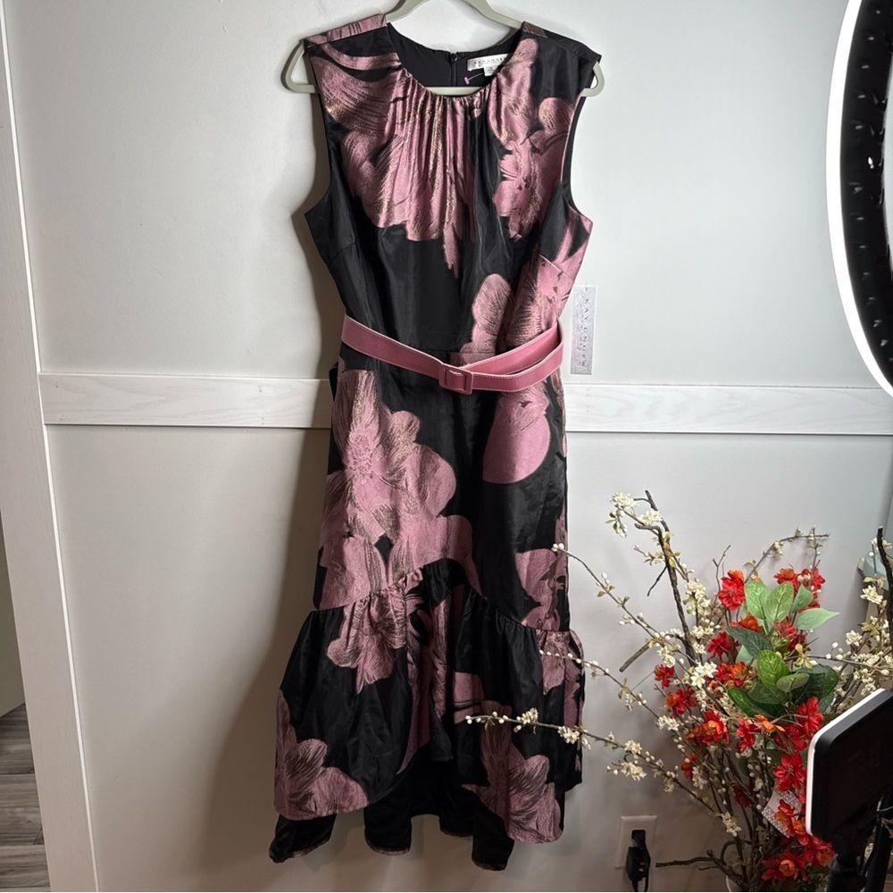 Kay Unger Beatrix Black and Pink Floral High Low Tea Length Dress